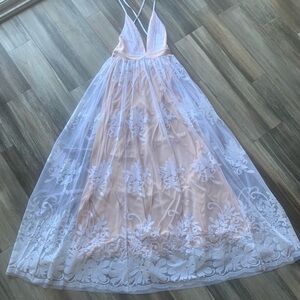 Luxxel Blush Nude Maxi Dress with White Lace Overlay